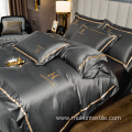 Luxury Logo embroidery solid Washed silk bedding set